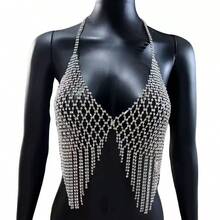 夜店派对闪亮流苏水晶胸链，女士性感水钻网状身体链 - 銀色 - 查看 5