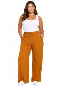 Women's Plus Size Boho Casual Wide-Leg Pants With Drawstring Pockets For Everyday Wear - Naranja - Ver 1