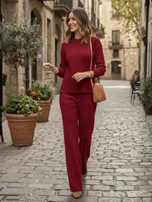 Women's 2-Piece Set, Ribbed Knit, Long-Sleeved Blouse, Straight Leg Pants, Autumn/Winter - 紅木色 - 查看 3