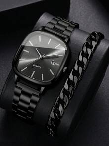 2pcs/Set Men's Gift Watch - Square Dial Fashion Engraved Calendar Dial Classic Stylish Quartz Wristwatch + Bracelet (Watch Box Not Included) - Black - View 1