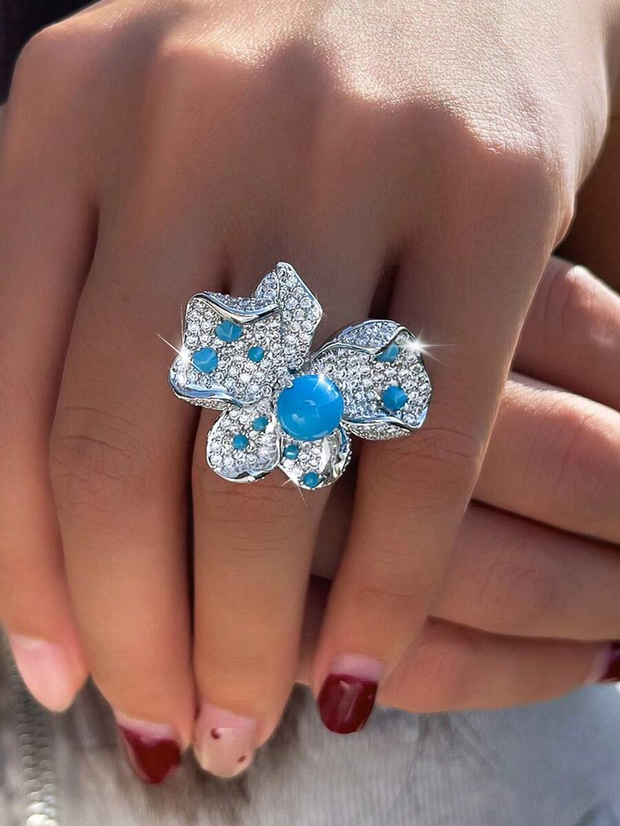 1 pieza Anillo ajustable con flor de turquesa azul grande, joyería de mujer plateada en plata con circonita cúbica para boda, compromiso, banquete, fiesta, baile de graduación, vacaciones, accesorios de disfraz