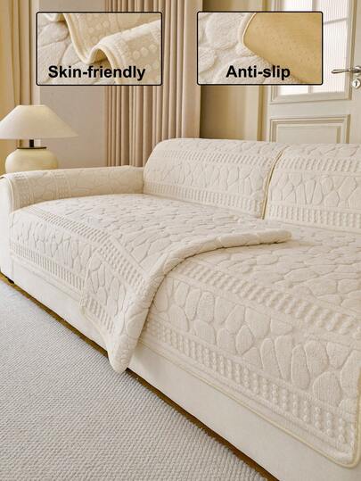 1pc Solid Color Plush Sofa Cover, Pet Friendly, Non-Slip Back, Machine Washable & Easy Storage, Suitable For 1/2/3/4 Seater Sofa Covers, Armrest Covers