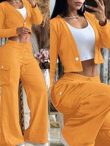 2 Piece Set : Women's Fashion Black Geometric Print Long Sleeve Crop Top & Cargo Pants |         Button-Up Top Pants With Drawstring Waist | - Màu vàng - Xem 3