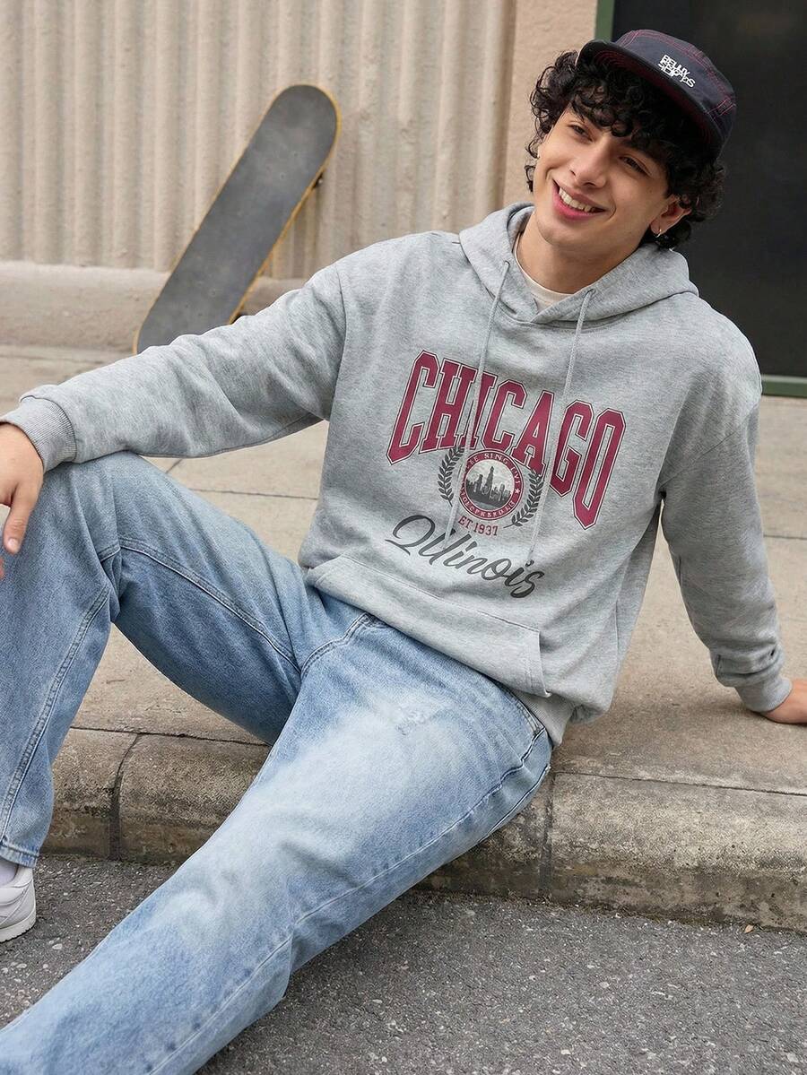 Open Phase 男士连帽衫，饰有学院风字母图案，时尚芝加哥伊利诺伊州图案印花，保暖内衬，秋冬季必备单品，日常搭配，男友/老公礼物 - 灰色 - 查看 1