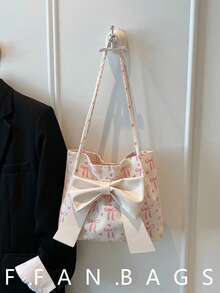 Solid Color PU Leather Bow Decor Lightweight Fashionable Women's Large Capacity Shoulder Bag, Elegant Lady Handbag - White - View 2