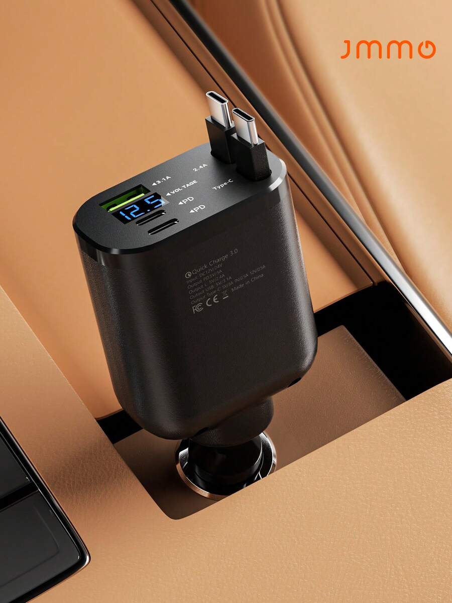 JMMO 66W可伸縮車載充電器，帶數位顯示屏，5合1快速車載手機充電器，配備2個PD埠、2條伸縮線纜和USB車載充電器