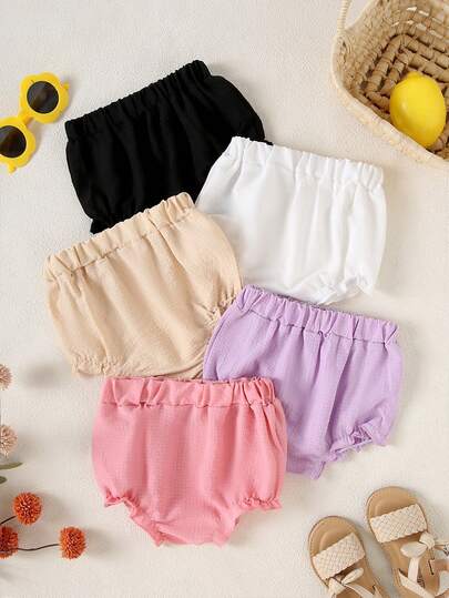 5pcs/Set Baby Girls' Solid Color Ruffle Hem Casual Cute Bloomers Shorts Set, Summer