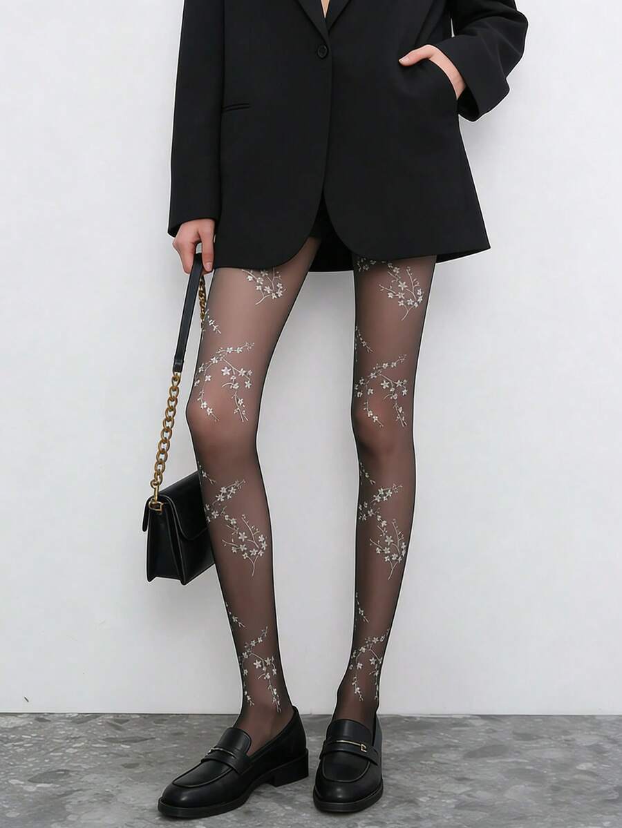1 Paio di collant metallici con stampa a stelle, collant sottili e trasparenti, sexy, adatti per uso casual, all'aperto, danza, feste, uso quotidiano - nero - Visualizzare 1