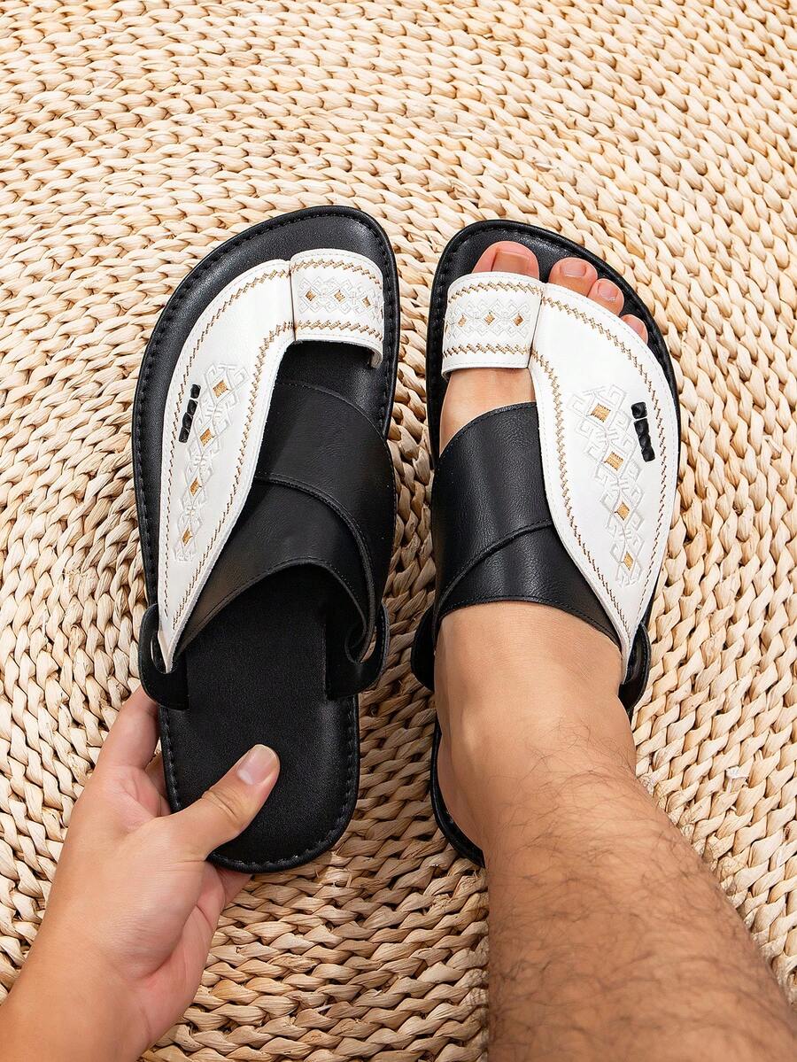 Men's Flat Comfortable Arabic Embroidered Slippers, Middle Eastern Style Sandals - White Black - View 1