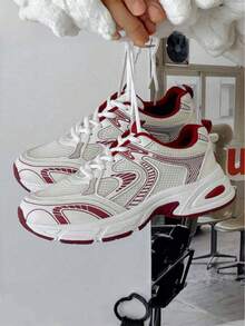 New Women Casual Sneakers, Chunky Sneakers, Shoes, White Shoes, Lace-Up Round Toe Mixed Material Breathable Versatile Printed Graffiti College Style Student Outdoor Hiking Casual Commuting Shoes - 赤紅色 - 查看 1