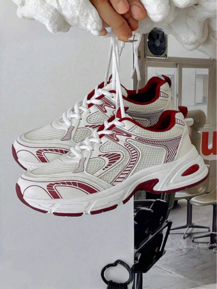 New Women Casual Sneakers, Chunky Sneakers, Shoes, White Shoes, Lace-Up Round Toe Mixed Material Breathable Versatile Printed Graffiti College Style Student Outdoor Hiking Casual Commuting Shoes - 赤紅色 - 查看 1