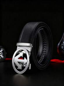 Men's Textured PU Belt With Arrow Round Automatic Buckle, Available In Gold, Silver And Black Plating. It Features An Adjustable Ratchet Design, Classic Business-Casual Style, And Is An Ideal Gift For Father's Day And Anniversaries. - Multicolor - View 3