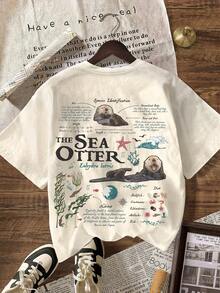 Vintage Sea Otter Biology Graphic Short Sleeve Casual Round Neck T-Shirt - Light Apricot - View 3
