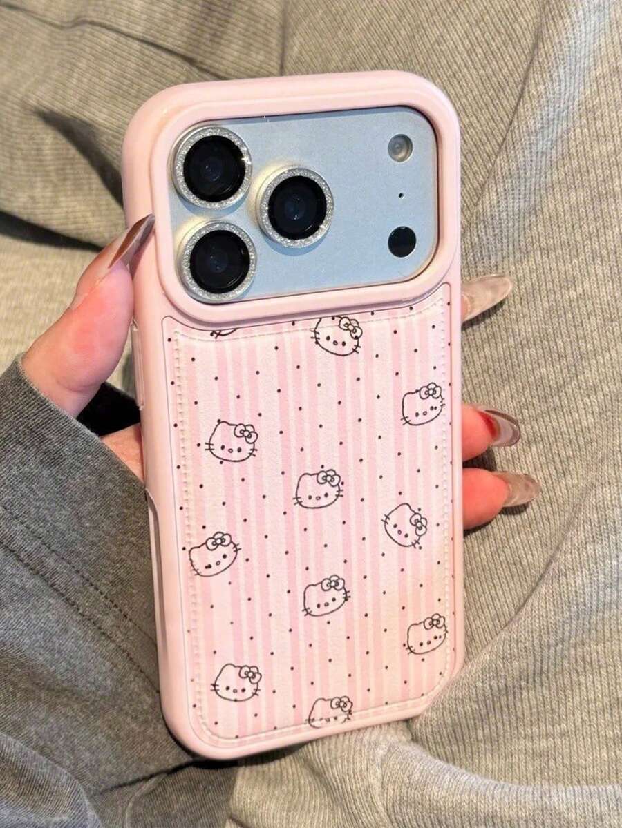 Sanrio 1个小众卡通可爱全幅线条点缀KT猫图标手机壳，适用于 17 Pro Max、Apple 17 Air、新款16 Pro Max/15 Pro、高端14 Pro，少女小众13/12/11防摔保护套 - 粉色 - 查看 1