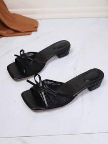 Giày sandal nữ mùa hè bằng da mềm, mũi vuông, gót chunky, kiểu dáng đa năng, sandal cao gót hở ngón, giày lưới cao gót màu đen. - màu đen - Xem 2