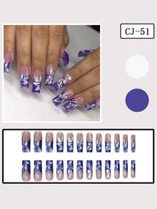 24pcs European Square Long False Nails, Purple French White Floral Nail Art Tips, Wearable, Full Coverage Removable, Suitable For Women's Party, Dance And Daily Use - Purple - View 2
