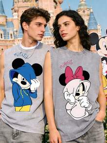 Disney  Mickey & Minnie 230GSM Vintage Washed Streetwear Tank Top, Casual Couple Tank Top - Xám - Xem 1