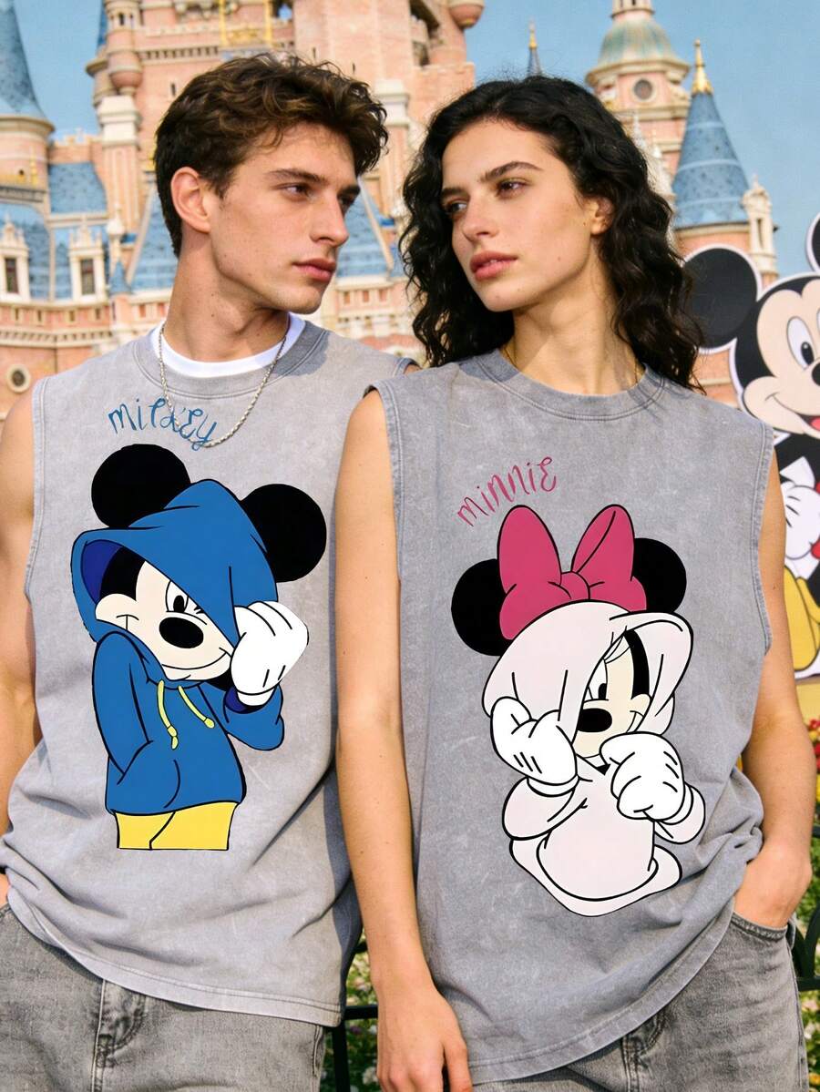 Disney  Mickey & Minnie 230GSM Vintage Washed Streetwear Tank Top, Casual Couple Tank Top - Xám - Xem 1