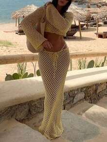 Áo khoác ngắn tay dài cổ thuyền khoét rỗng màu vàng, bộ đồ đi biển thanh lịch thường ngày gồm chân váy maxi dài thắt eo, bộ đồ nghỉ mát mùa xuân thời trang thoải mái rộng rãi - Màu vàng - Xem 5