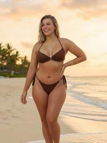 Maré&Cia Lara Bikini Set: Inverted Triangle Top With Thong Bottom With Metal Ring Details - Beachwear - 深棕色 - 查看 8