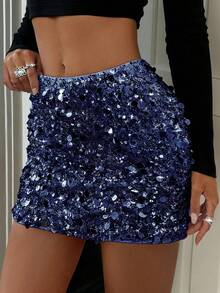 Chân váy mini ôm sát gợi cảm, thanh lịch đính sequin của Unadoll dành cho nữ, thích hợp cho các buổi tiệc cocktail, đám cưới, sự kiện, tiệc tùng, ngày Valentine và các dịp nghỉ lễ khác. - Màu xanh hải quân - Xem 2