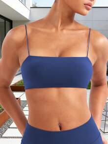 VOYJOY Women Spaghetti Strap Sports Bra Padded Low Support Seamless Impact Cami Square Neck Workout Yoga Bra Crop Top - 海報藍 - 查看 1