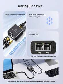 1-To-2 Gigabit Ethernet Network Splitter, Share 1 Gigabit Ethernet Cable Between Multiple Devices, RJ45 Network Port Divider - Black - View 4
