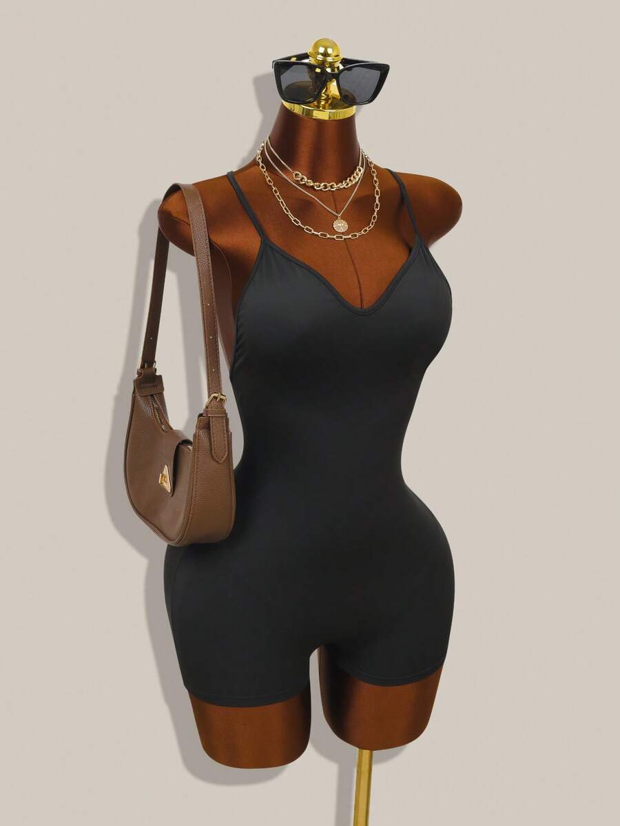 女士修身吊带连体裤，交叉露背设计，休闲日常穿着，适合夏季，女士连体裤 - 黑色 - 查看 1