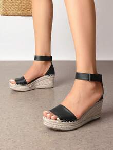 Women's Wedge Sandals Open Toe Espadrilles Sandals Comfortable Dressy Ankle Strap Platform One-Strap Sandals Suitable For Work Beach Holiday Summer Shoes - 黑色 - 查看 2