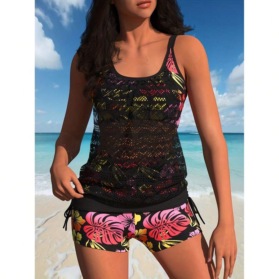 Black Mesh Floral Tankini Swimsuit For Women, Tropical Print Two Piece Bathing Suit, Boyshort Bottoms, Tummy Control Swimwear, Summer Beach Pool - 多色107 - 查看 1