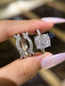 不对称镂空四爪椭圆几何立方氧化锆戒指，创意珠宝礼品，女士之选 - 白色 - 查看 3