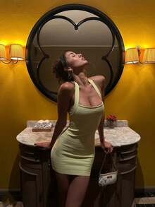 New Fashionable Solid Color Bandage U-Neck Elastic Pit Strip Slim Suspender Hip Dress Women - 黃色 - 查看 4