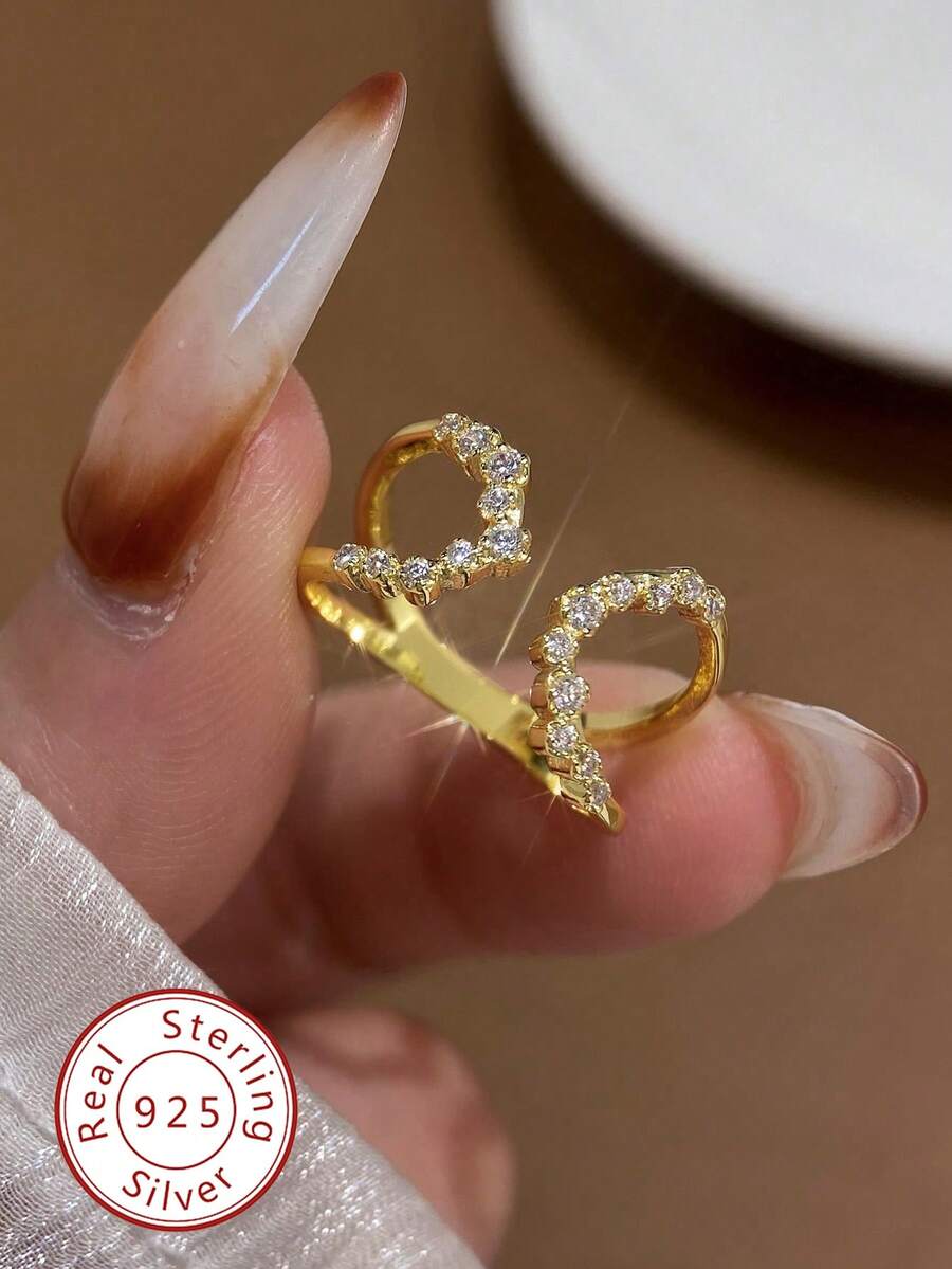 1枚925纯银奢华永恒璀璨双U形锆石镶嵌戒指，时尚酷炫，镂空设计，适合女性日常通勤、派对等场合，高品质，精致珠宝礼品。 - 雙U對排鋯石戒指 - 查看 1