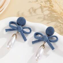 1 Pair Of Fashionable European And American Denim Earrings With Bows, Vintage Personalized Handmade Pearl Studs, Vintage Blue Denim Accessories - 淺藍色 - 查看 2