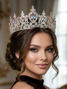 1PC Luxurious Gold AB Crystal Queen Crown, Sparking Rhinestone Pageant Tiara For Women, Elegant Birthday Party Hair Jewelry, Exquisite Prom Wedding Headpiece - Multicolor - View 4