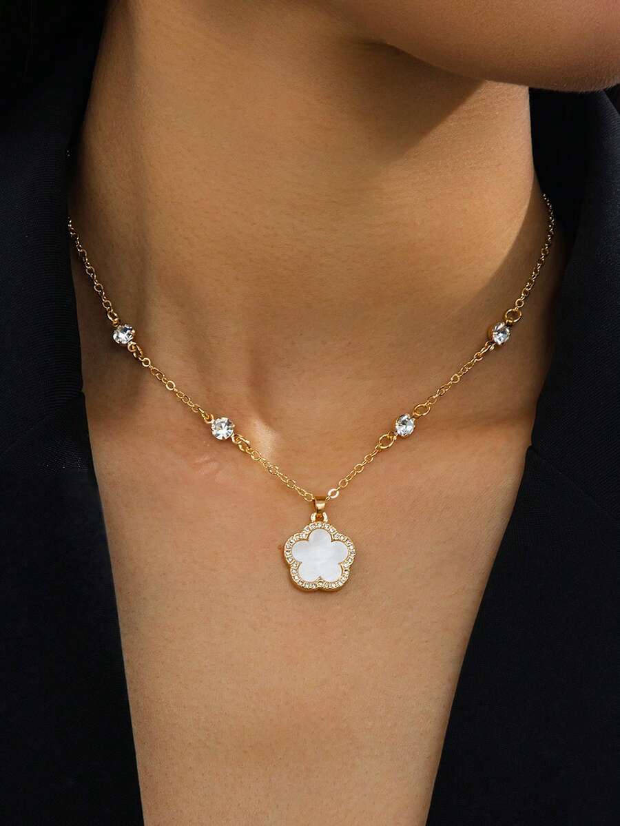 1 chiếc dây chuyền mặt hình cỏ ba lá lấp lánh cổ điển, đa năng, thiết kế ngọt ngào và may mắn, sản phẩm mới mùa hè dành cho nữ. - trắng - Xem 1