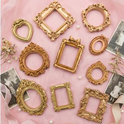 18pcs/15pcs/12pcs/10pcs/7pcs/4pcs Vintage Gold Baroque Style Resin Photo Frame Decor, DIY Fairy House Mini Wall Frame Decor, Suitable For Doll Scene Building And Display, Personalized Surprise Gift For Family And Friends, Jewelry Store Museum DIY Landscape Frame Statue Accessories