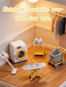 玩具屋洗衣房套装，包括洗衣机、熨斗、吸尘器、置物架和手推车。全套家用玩具屋家具（不含娃娃）。 - 彩色 - 查看 2