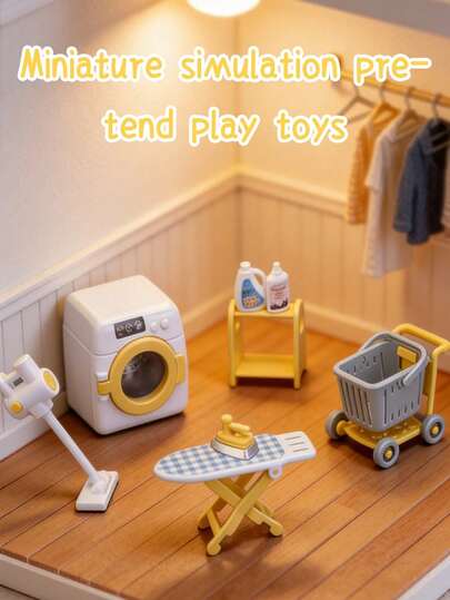 玩具屋洗衣房套装，包括洗衣机、熨斗、吸尘器、置物架和手推车。全套家用玩具屋家具（不含娃娃）。