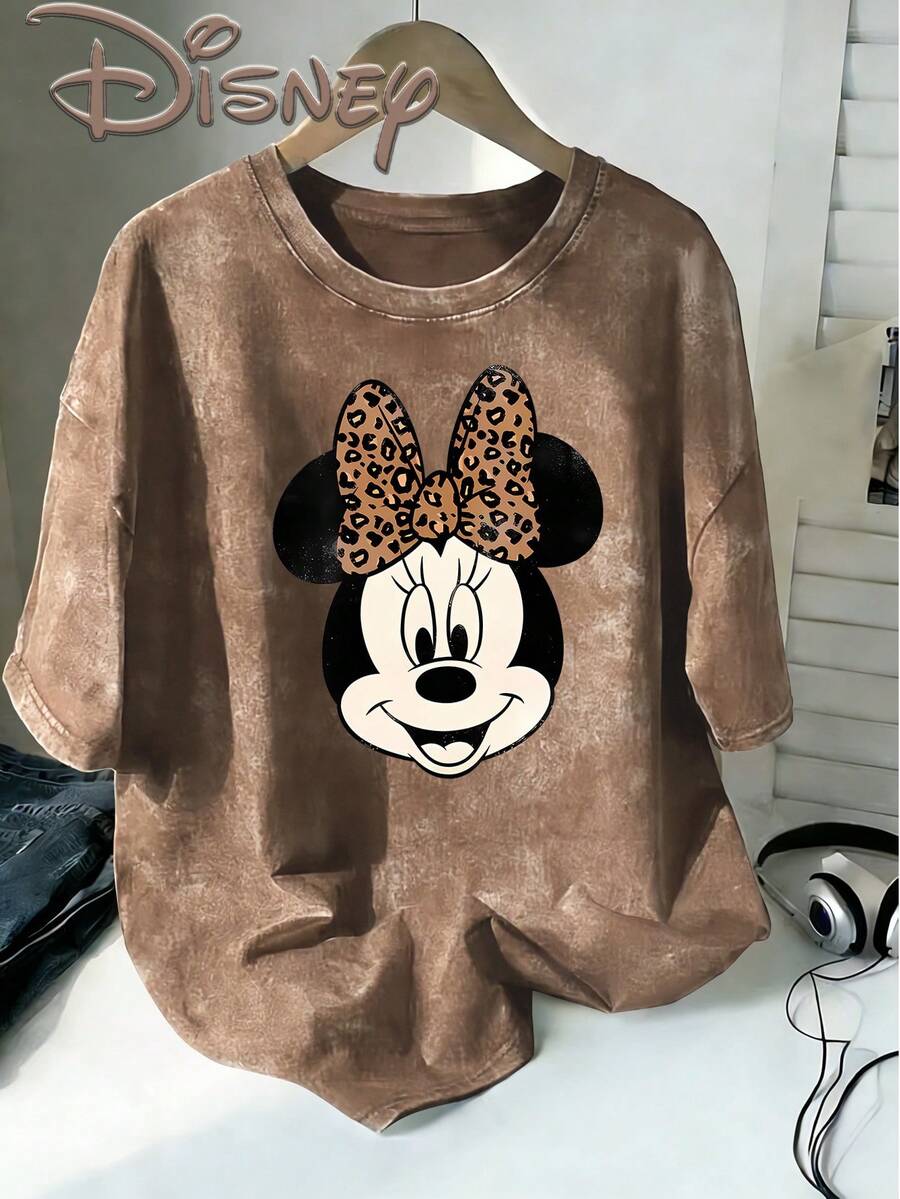 Disney Minnie Mouse Retro Old Wind Leopard Bow Head Creative Printing Design Oversized Fashion Old T-Shirt 2026 Spring And Summer Round Neck T-Shirt Style Retro Fashion Lovers Popular Style Old Round Neck T-Shirt. - 卡其色 - 查看 1