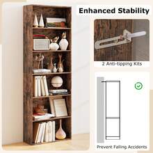 COSTWAY 6-Tier Open Bookcase, 178 Cm Tall Floor Standing Book Storage Organizer, Modern Display Rack Bookshelf W/2 Anti-Tipping Kits For Living Room, Bedroom, Study, Rustic Brown - A - View 5