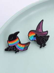 2pcs Rainbow Crow Enamel Pin Set, Including A Black Crow Wrapped In Rainbow Gradient Glitter Scarf And A Black Crow Wearing A Purple Wizard Hat Spitting Rainbow, Suitable For LGBTQ+ Community Members, Dark Aesthetics Enthusiasts, Rainbow Culture Fans, And Self-Expression Advocates - Multicolor - View 6