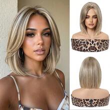 10 Inch Ash Blonde With Golden Highlights Bob Wigs For Women, Machine Made Heat Resistant Synthetic Wig With Bangs - Gold - View 12