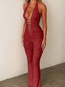 女士性感蕾丝深V领露背吊带连体裤，女士Y2K风格修身PU皮革装饰系带阔腿连体裤，紧身连体裤夜店街头风，适合各种场合 #派对之夜 #露背装扮 #音乐节 #派对造型 #约会之夜 #婚礼季 #圣诞派对 #返校季 #春假 - 酒紅色 - 查看 2