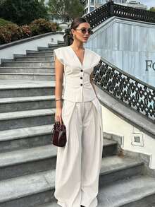 Women's Summer Outfit Top, Casual Set, Holiday Outfit, Commute Outfit, Outing Outfit, Elegant Elegant Women's Two Pieces Set, White - White - View 1
