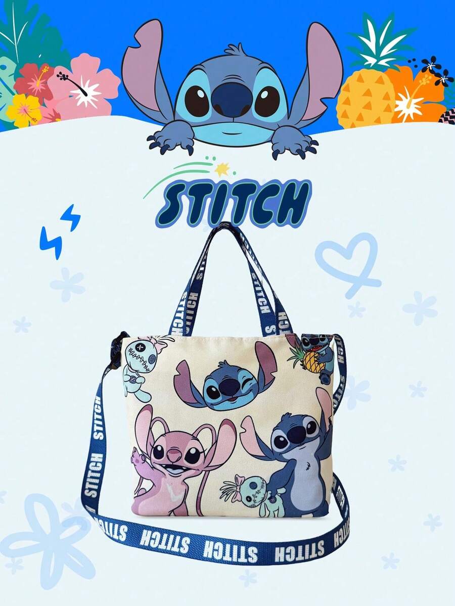 Disney 官方授权 1 件装史迪奇印花卡通糖果袋 女士手提包 & 可爱卡通手提包 日常使用 休闲帆布单肩包 方便携带 – 适合女性/女孩购物/日常使用/时尚配饰 - 白色 - 查看 1