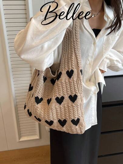 Heart-Shaped Knitted Tote Bag, New Summer And Autumn Style, Seaside Travel Woven Women's Bag, High-End And Exquisite Woolen Handbag, Large Capacity, Fashionable And Simple Shoulder Bag, Suitable For Vacation And Leisure Travel.