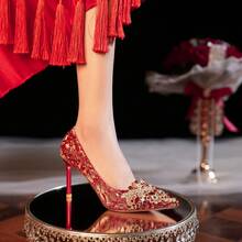 8777E-007 Pointed Toe Rhinestone Stiletto Satin Gold Edge High Heels Wedding Banquet Bride Bridesmaid Shoes Red Festive - 6.5 Vàng - Xem 1
