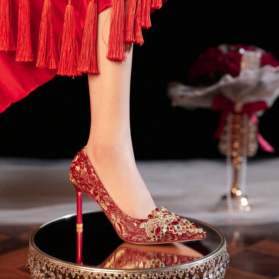 8777E-007 Pointed Toe Rhinestone Stiletto Satin Gold Edge High Heels Wedding Banquet Bride Bridesmaid Shoes Red Festive - 6.5 Vàng - Xem 1
