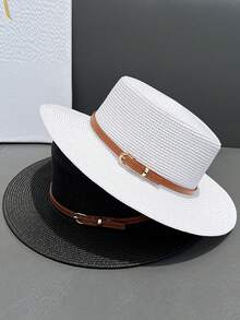 新款草帽 女士宽檐遮阳帽 平顶帽 法式复古简约休闲沙滩遮阳帽 时尚百搭，涤纶材质，防风防紫外线，春夏款 - 帽子 - 查看 12